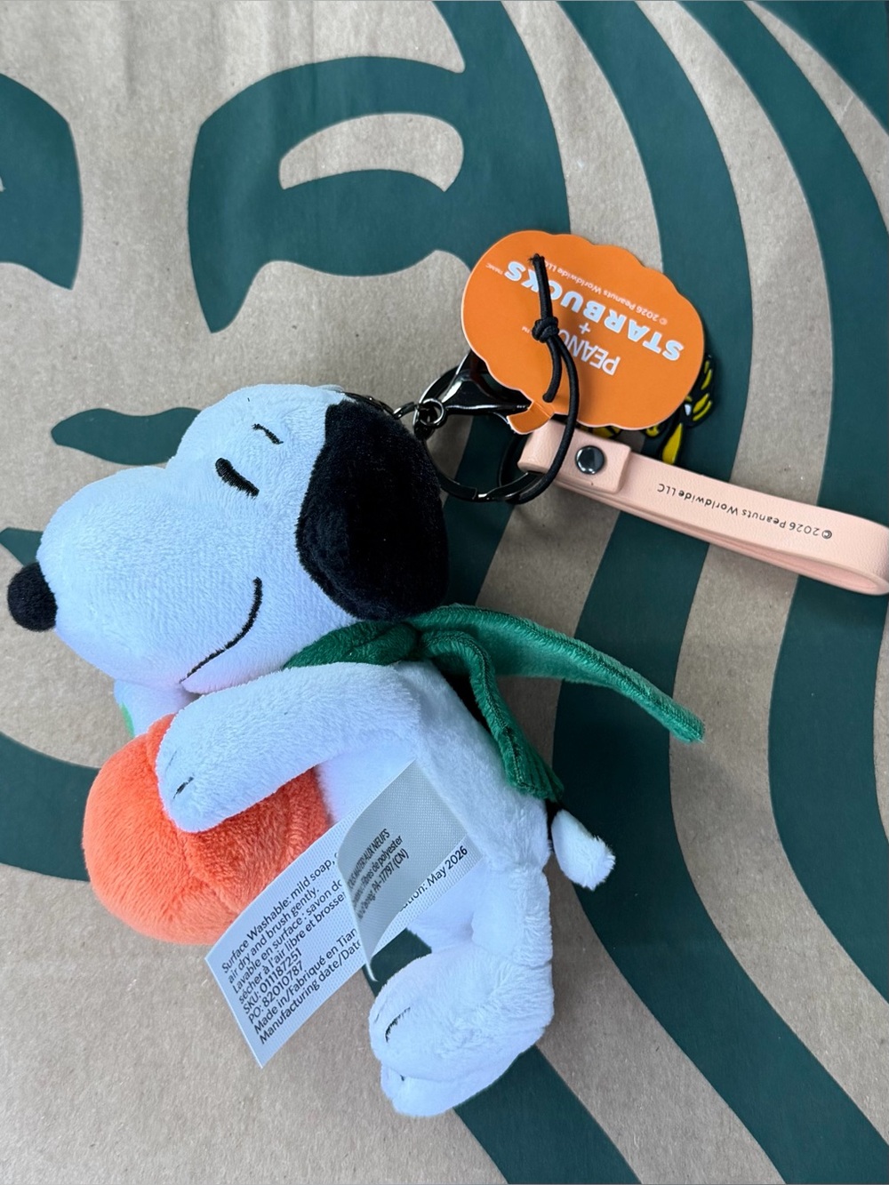Starbucks Snoopy Plush Keychain in White, Black, Orange & Green